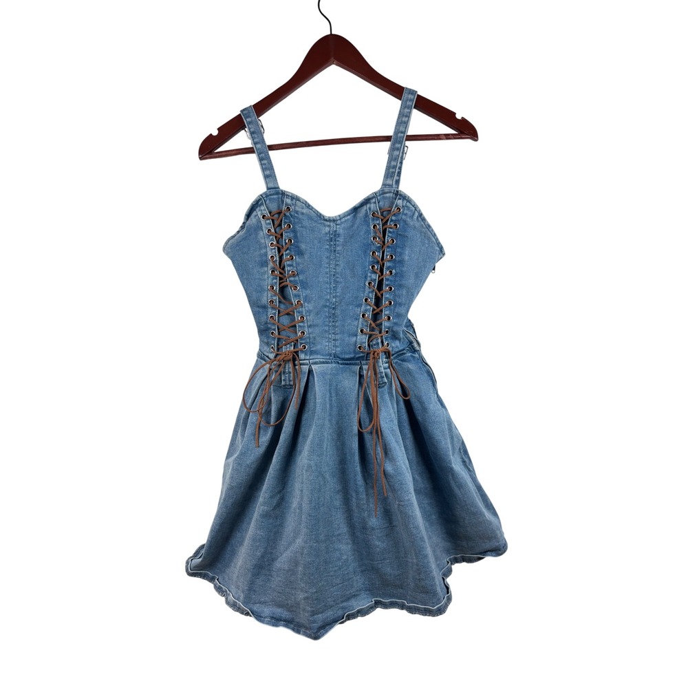 Social Collision Denim Dress Women Small Blue Lace Up Corset Fit Flare Mini